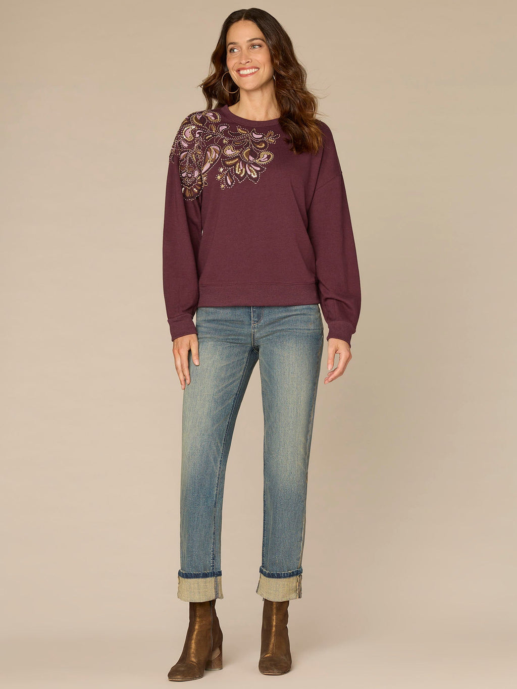 Long Sleeve Crew Neck Beaded Petite Knit Sweatshirt