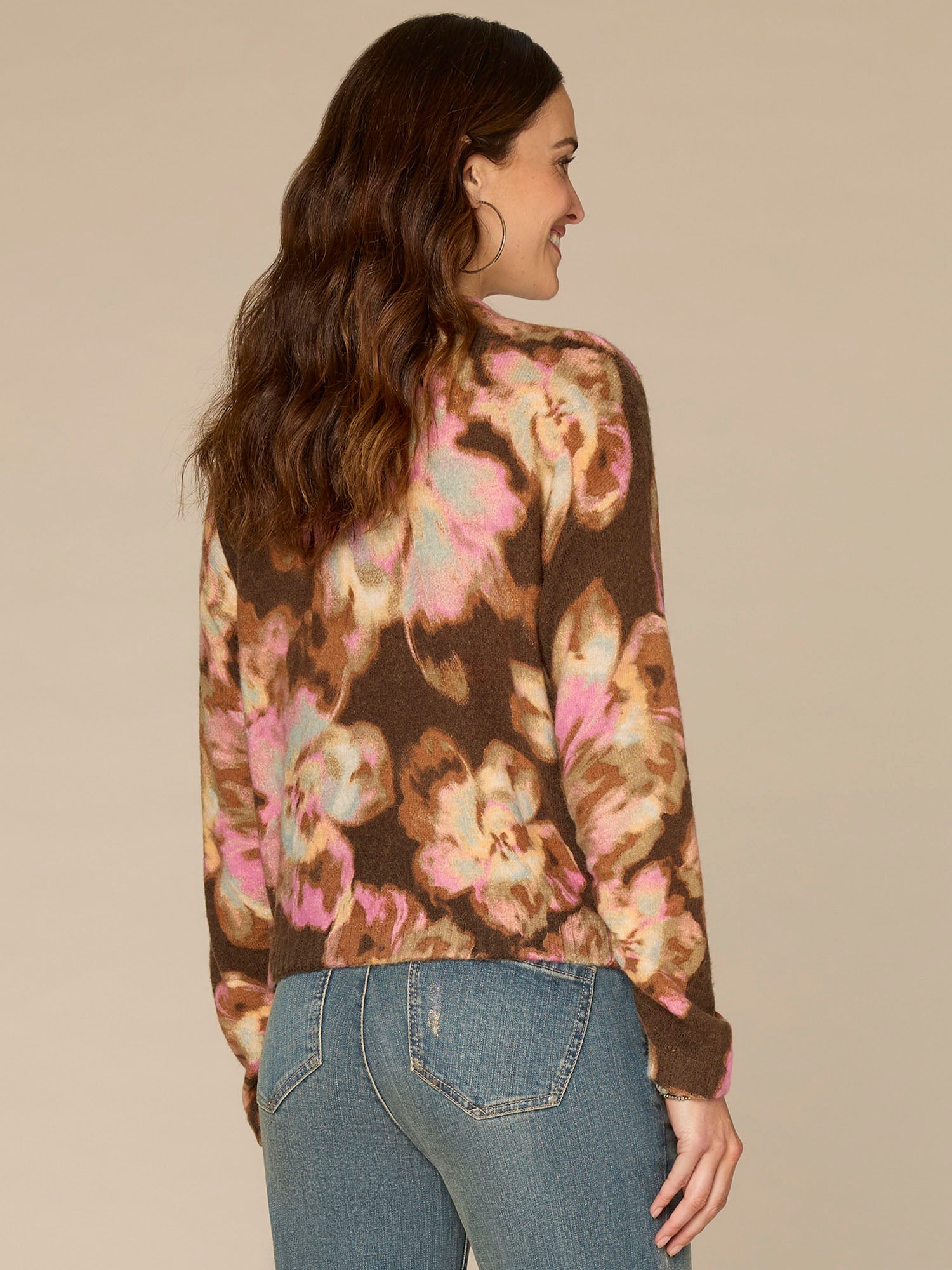 Long Ruched Sleeve Mock Neck Abstract Floral Print Petite Sweater