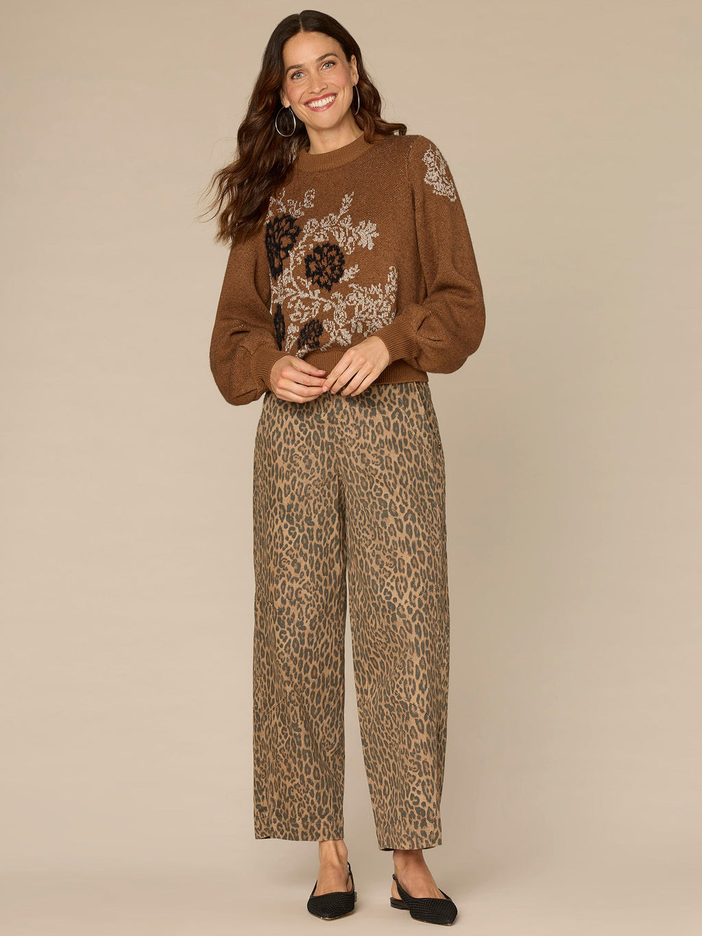 Long Blouson Sleeve Mock Neck Placement Floral Petite Jacquard Sweater