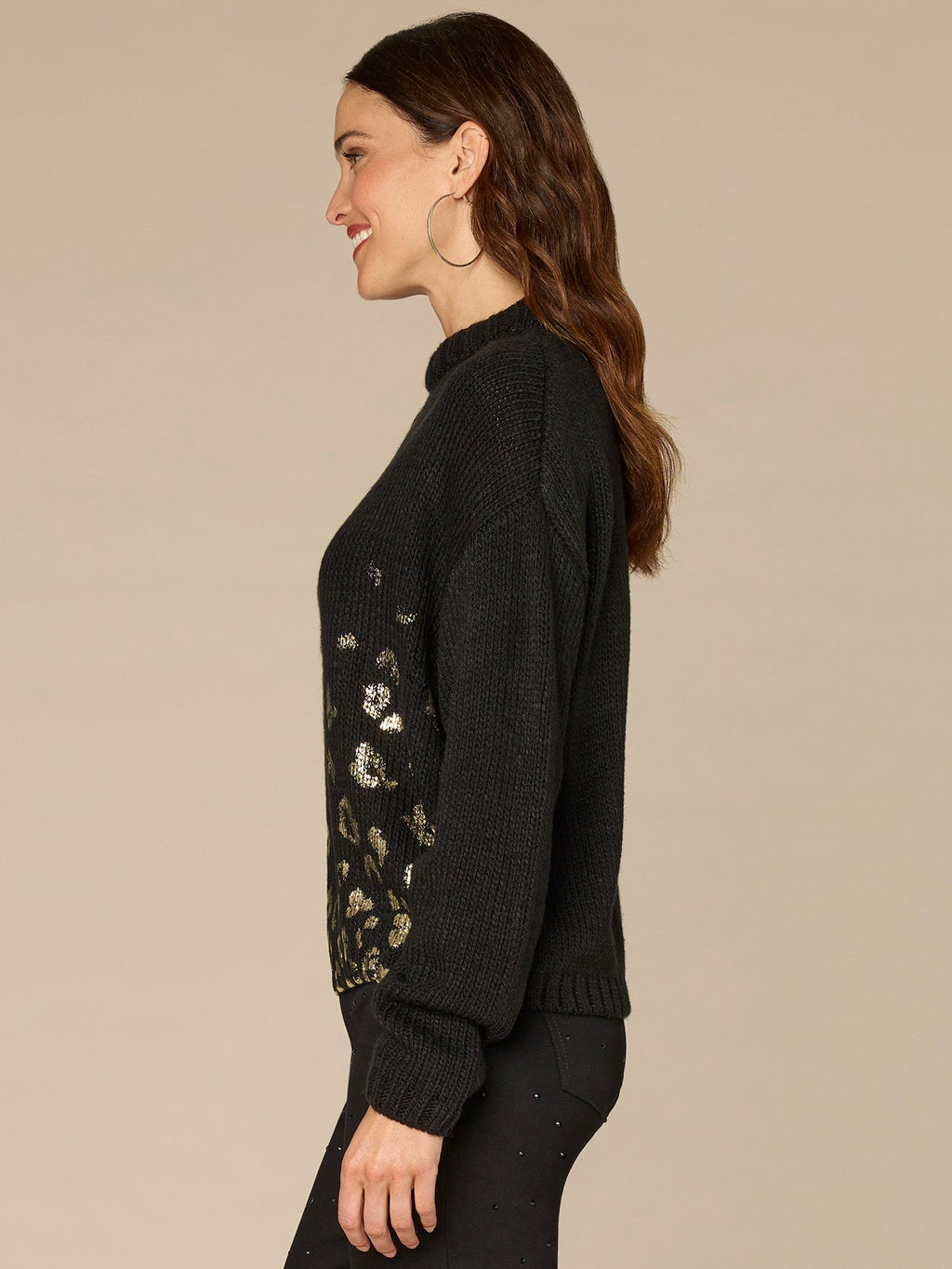 Ruched Sleeve Round Double Layer Neck Sweater with Ombre Foil Print