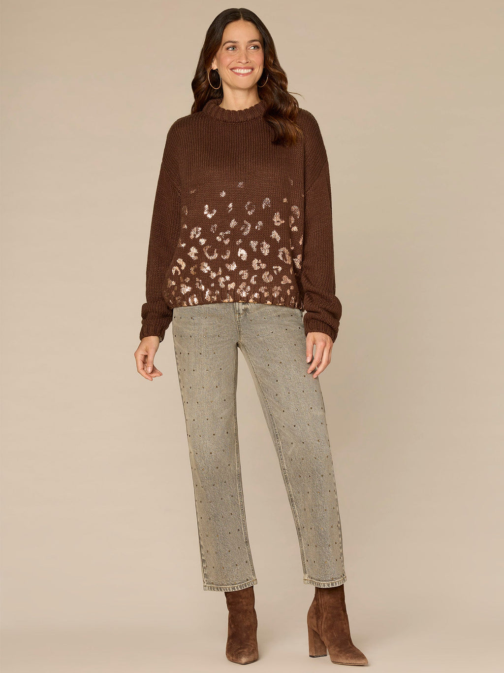 Ruched Sleeve Round Double Layer Neck Ombre Foil Petite Sweater