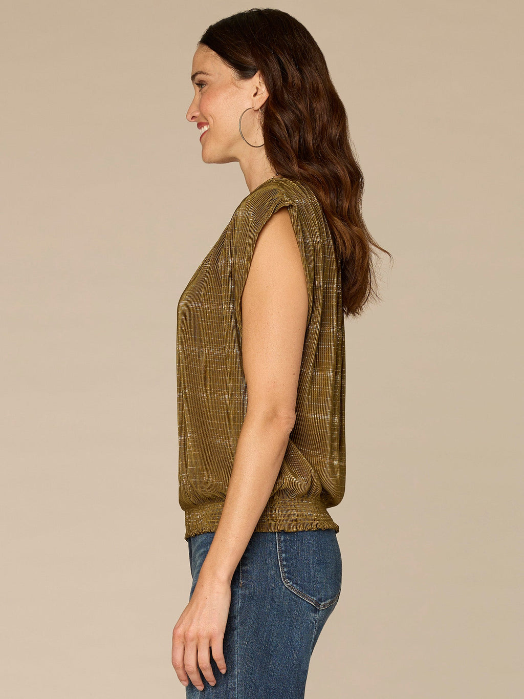 Extended Cap Sleeve Smock Crew Neck Striped Foil Bodre Knit Top