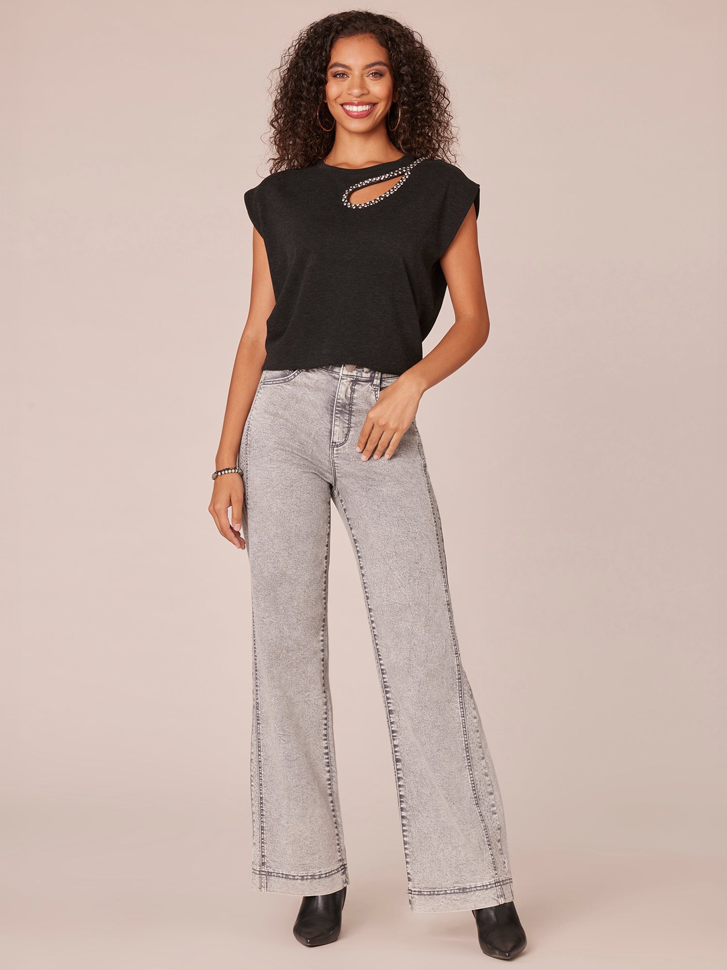 Extended Cap Sleeve Crew Neck Knit Top with Rhinestone Cut Out