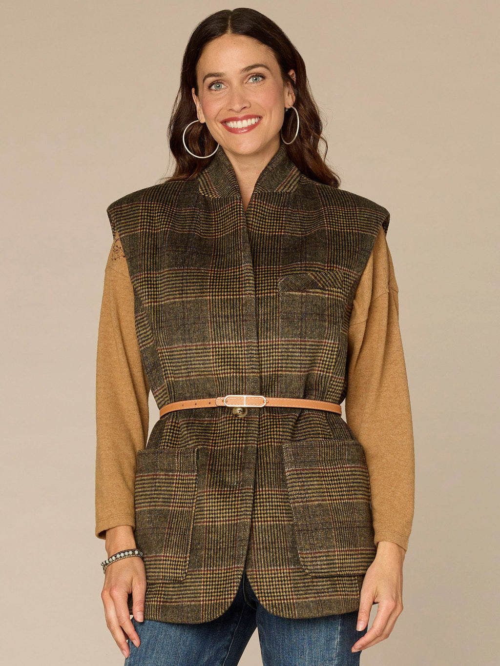 Cap Sleeve Stand Collar Button Front Elongated Woven Vest with Belt