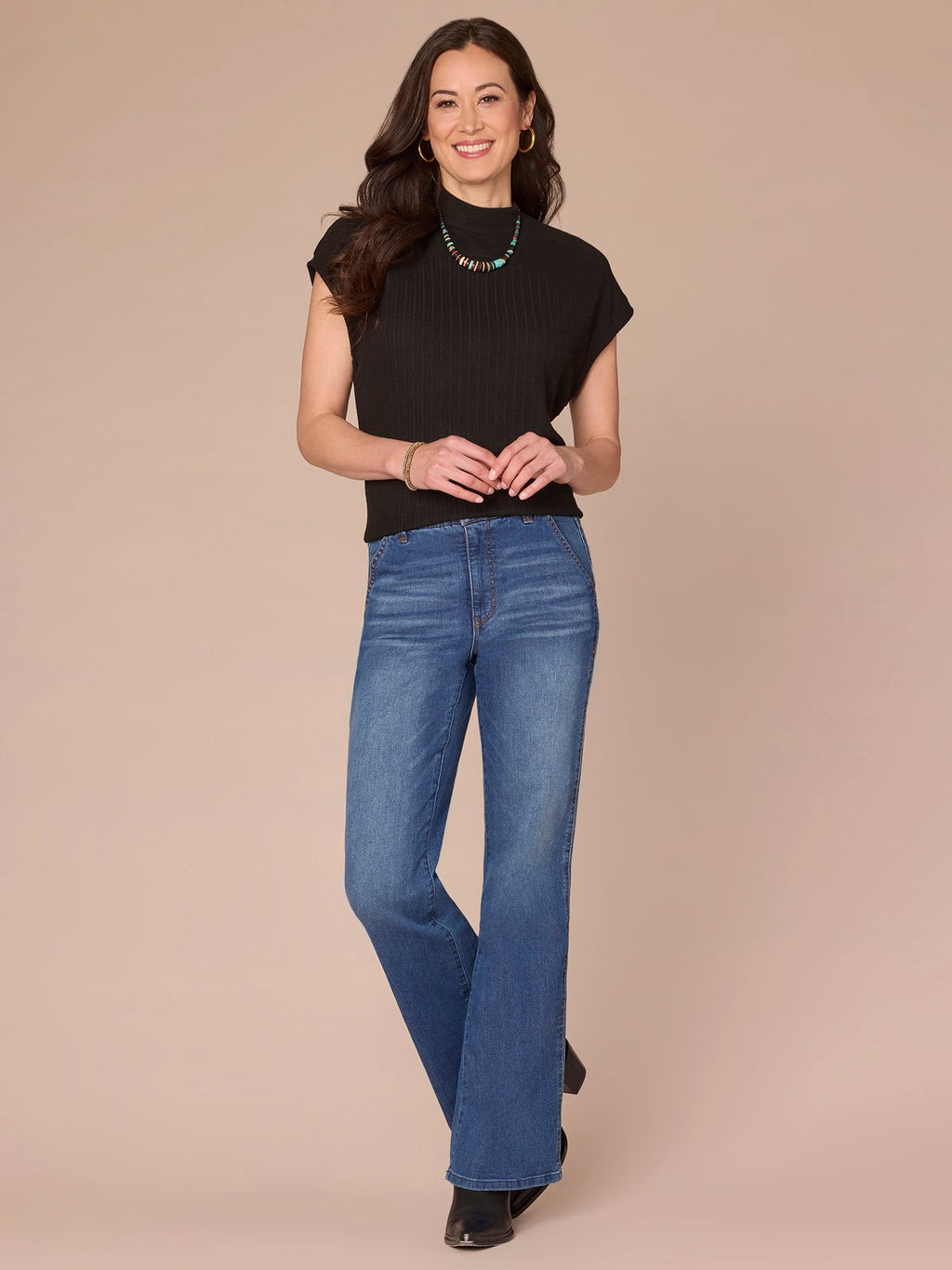 Extended Cap Sleeve Mock Neck Curved Placket Mixed Media Knit Top