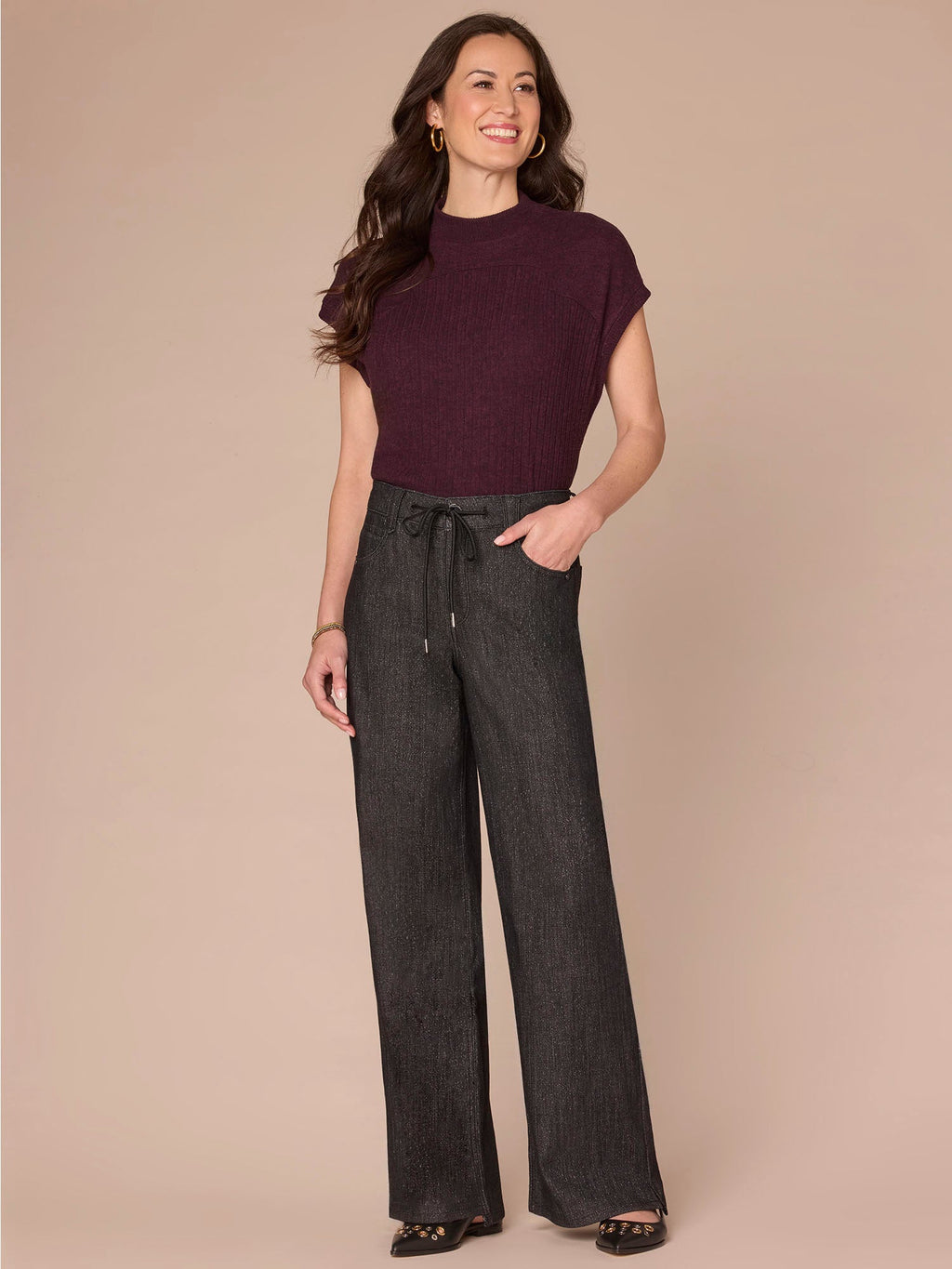 Extended Cap Sleeve Mock Neck Curved Placket Mixed Media Knit Top