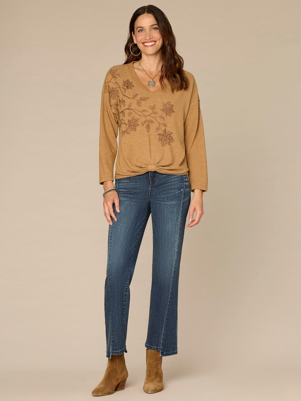 Long Sleeve V-Neck Knot Hem Knit Top with Beaded Floral Embroidery