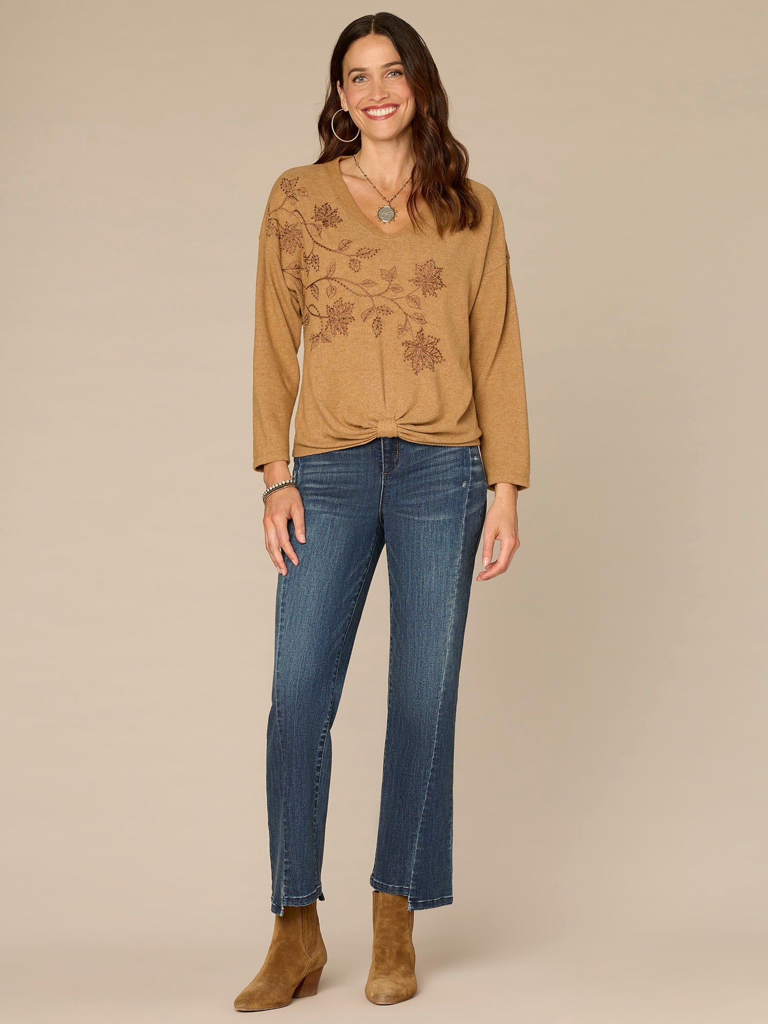 Long Sleeve V-Neck Knot Hem Knit Top with Beaded Floral Embroidery