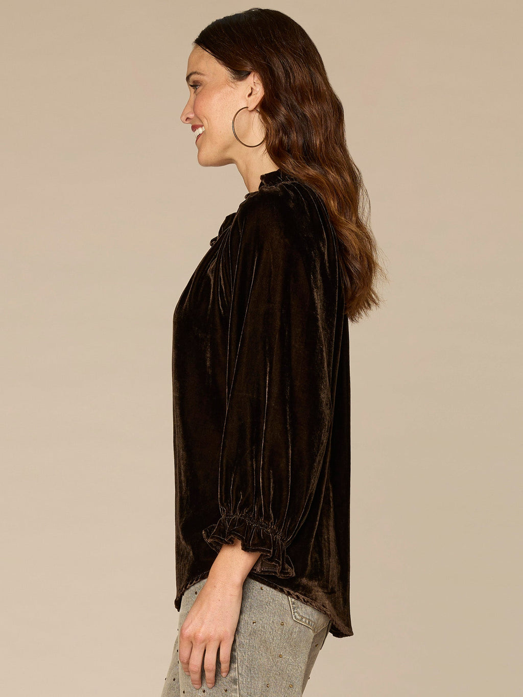 Three Quarter Blouson Sleeve Ruffle V-Neck Embroidered Woven Top