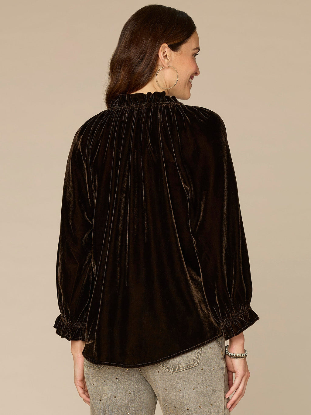 Three Quarter Blouson Sleeve Ruffle V-Neck Embroidered Woven Top