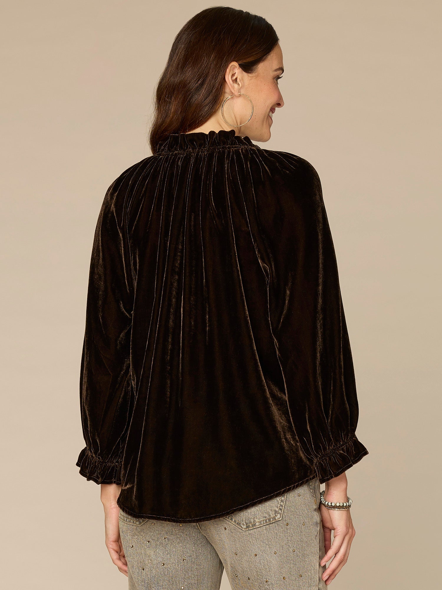 Three Quarter Blouson Sleeve Ruffle V-Neck Embroidered Woven Top
