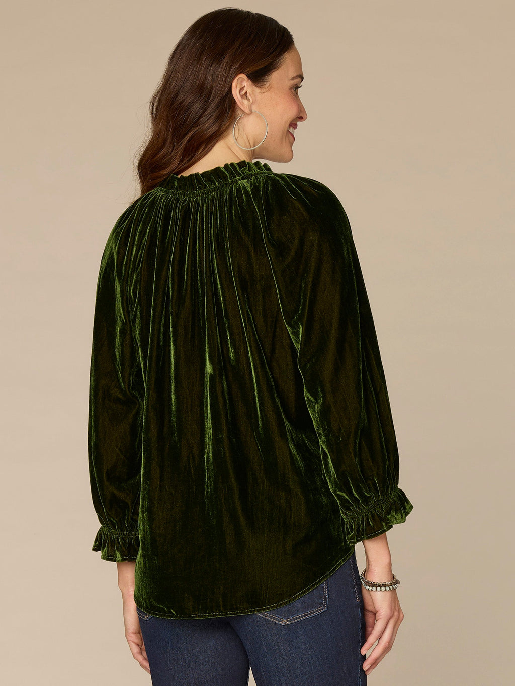 Three Quarter Blouson Sleeve Ruffle V-Neck Embroidered Woven Top