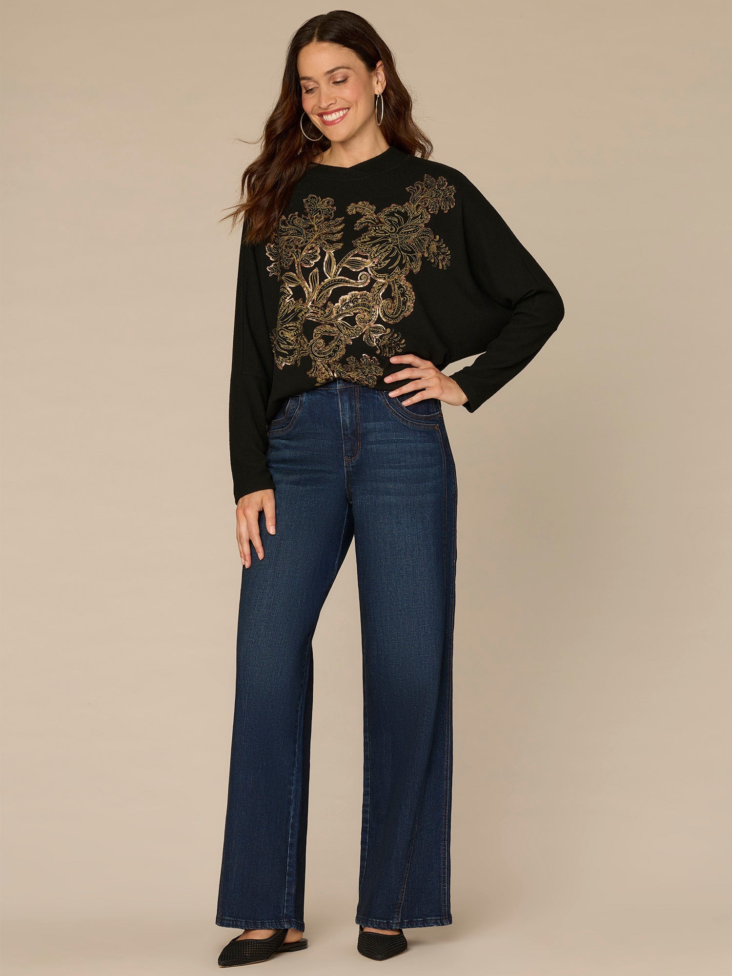 Long Batwing Sleeve Surplus Neck Fog Foil Screen Print Petite Knit Top