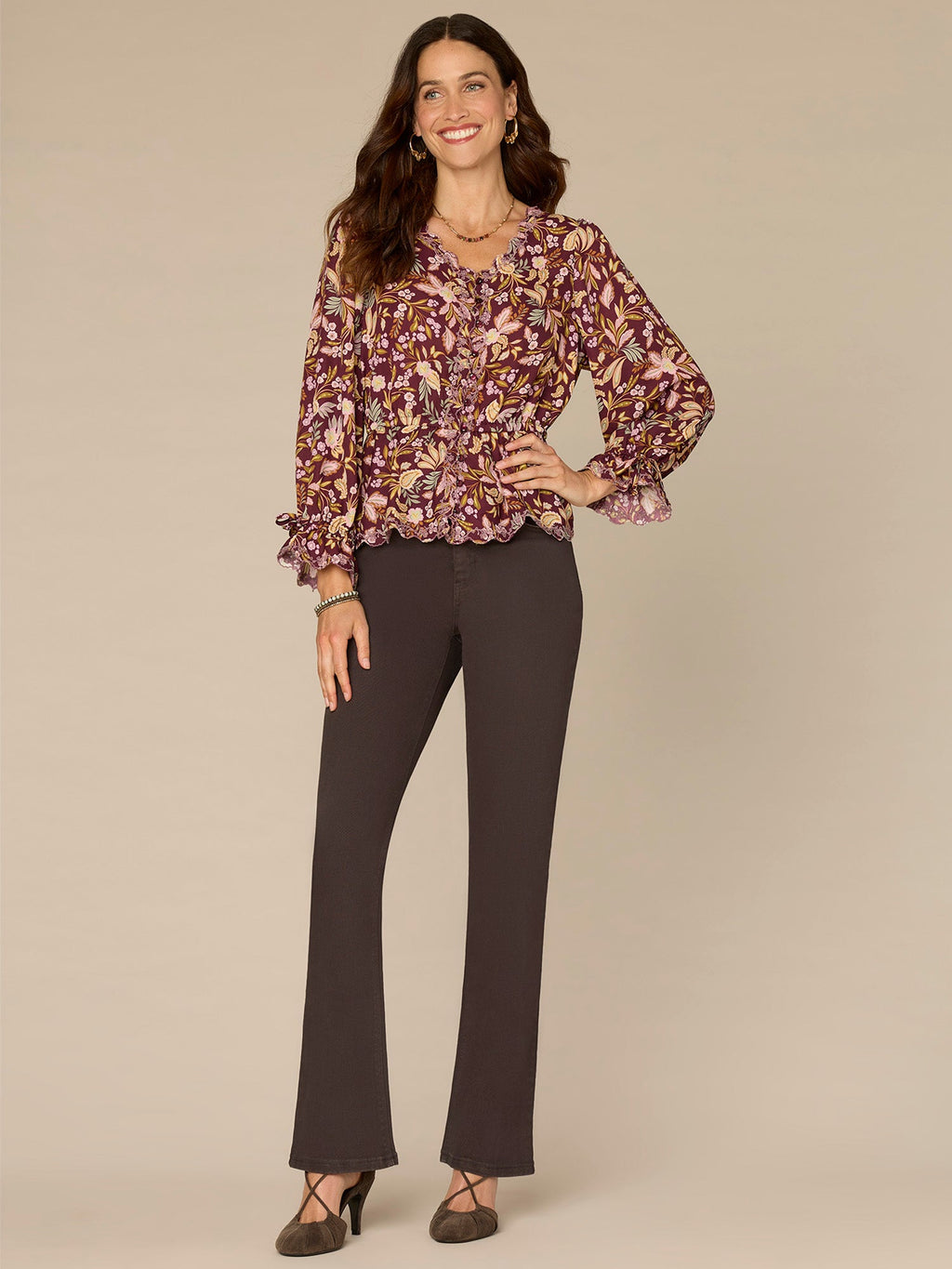 Long Tie Sleeve V-Neck Printed Woven Top with Scallop Edge Embroidery