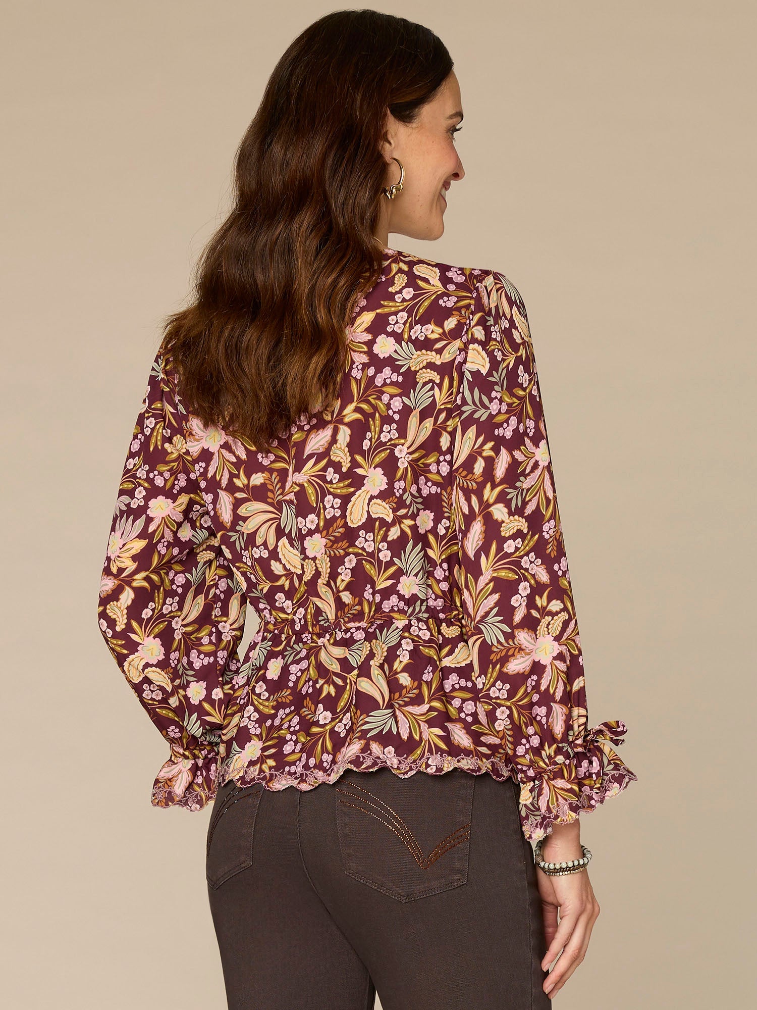 Long Tie Sleeve V-Neck Printed Woven Top with Scallop Edge Embroidery
