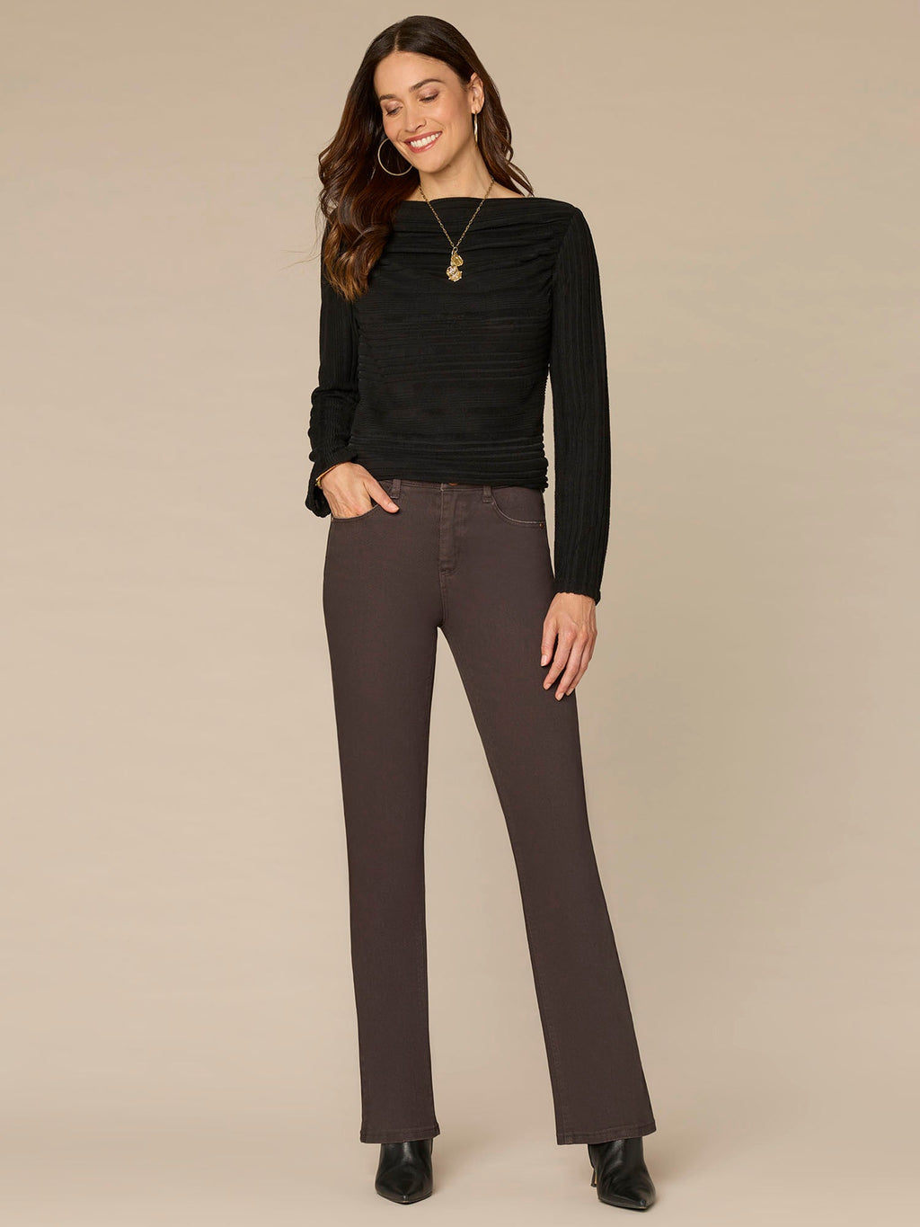 Long Sleeve Drapey Boat Neck Shirttail Hem Knit Top