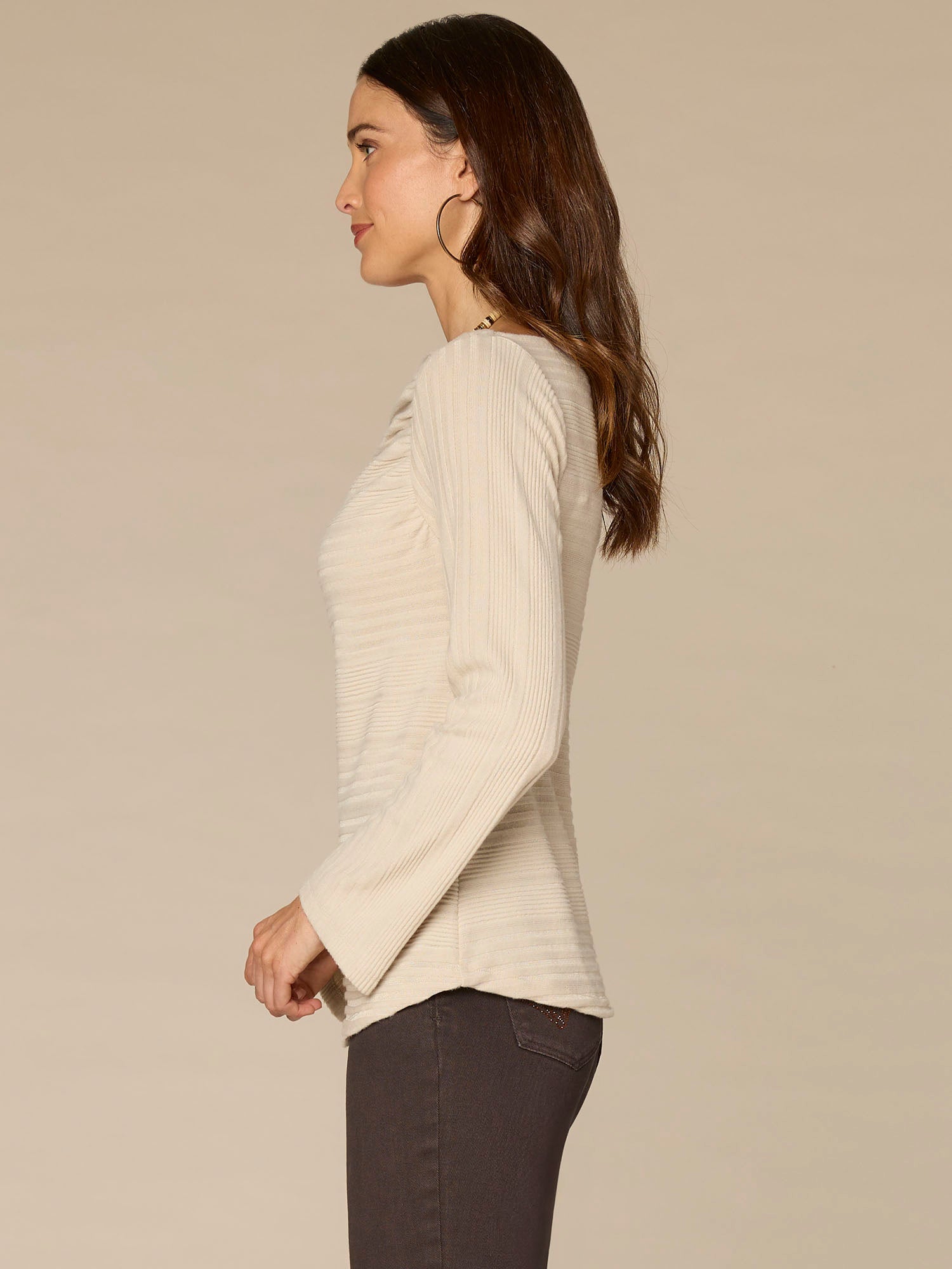 Long Sleeve Drapey Boat Neck Shirttail Hem Knit Top