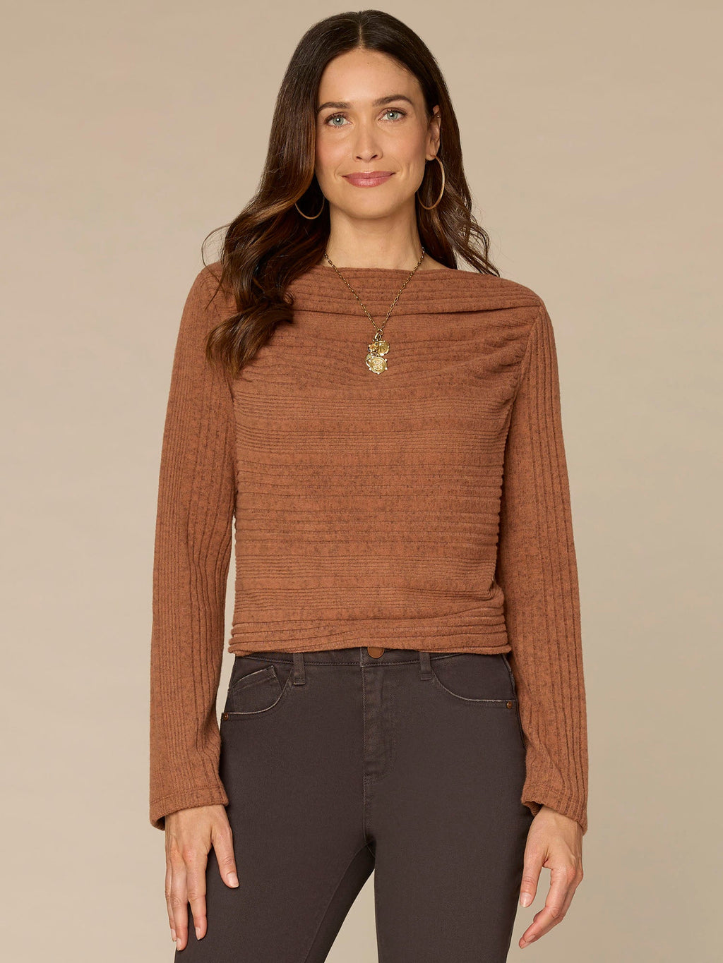 Long Sleeve Drapey Boat Neck Shirttail Hem Knit Top