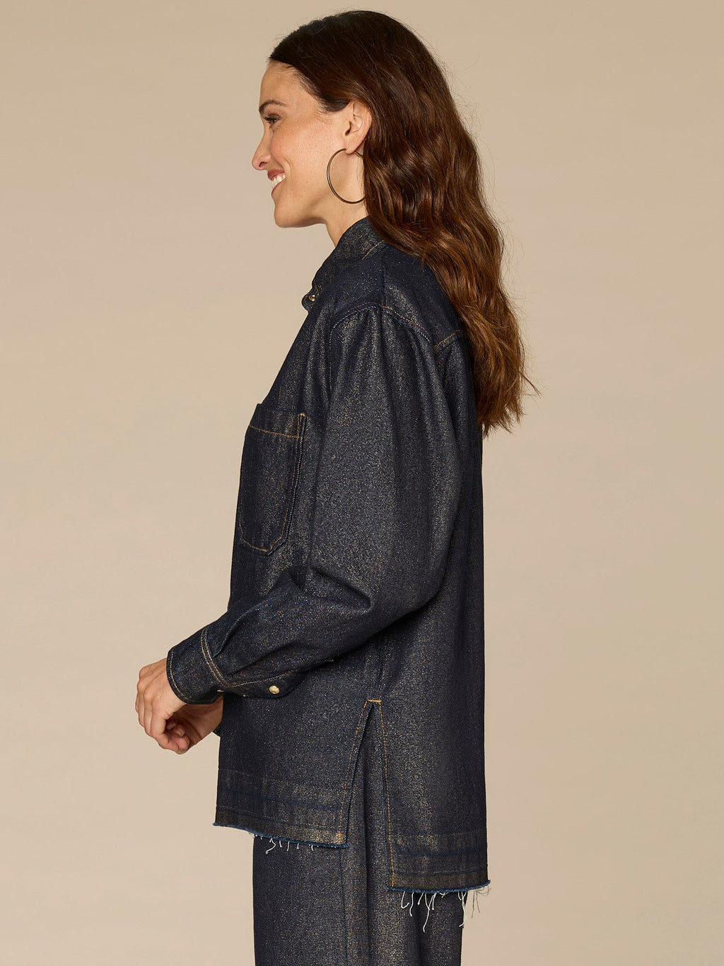 Long Sleeve Snap Button Release Hem Denim Shacket with Patch Pocket