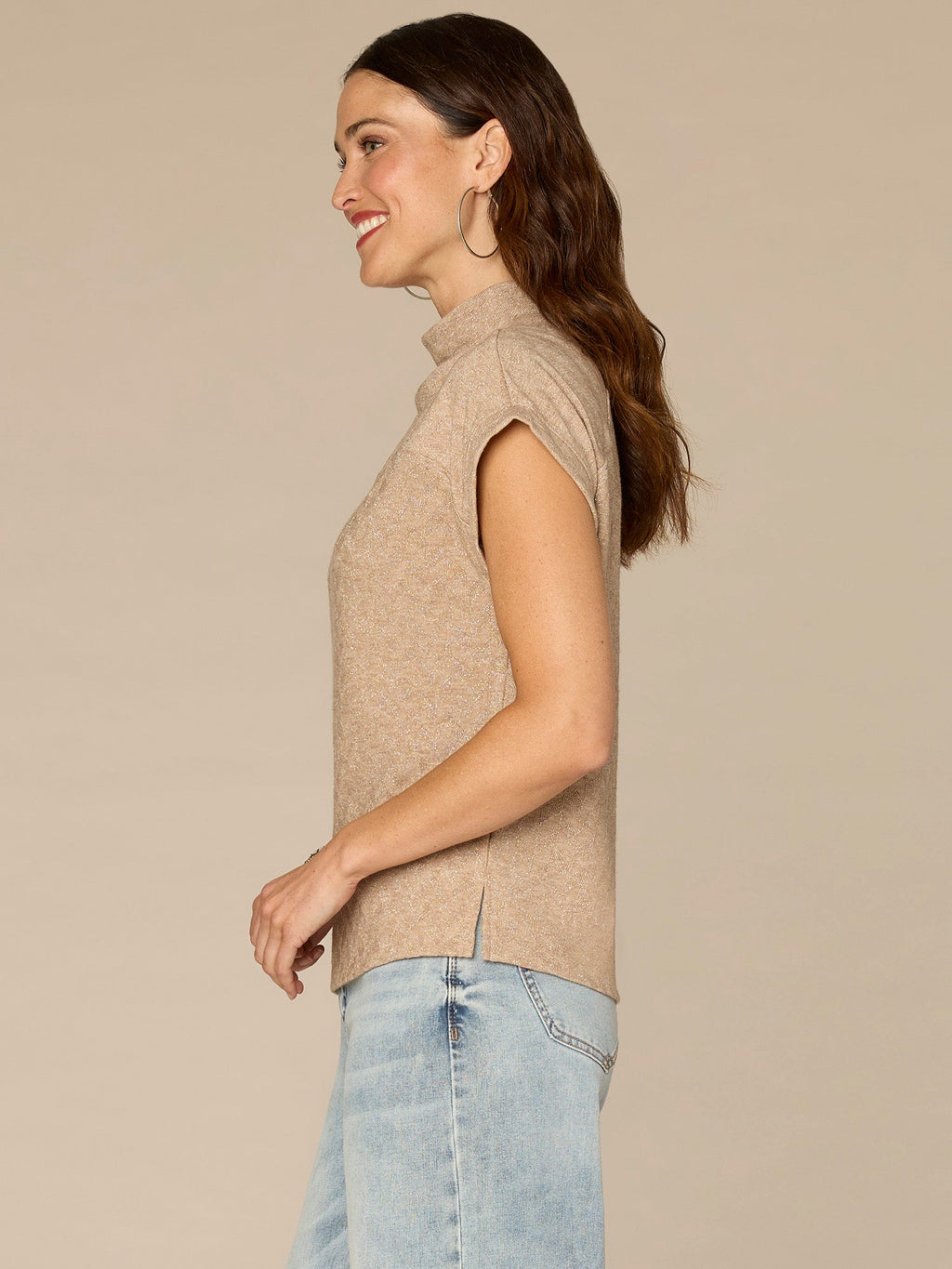 Extended Cap Sleeve Mock Neck Slit Hem Mixed Media Knit Top