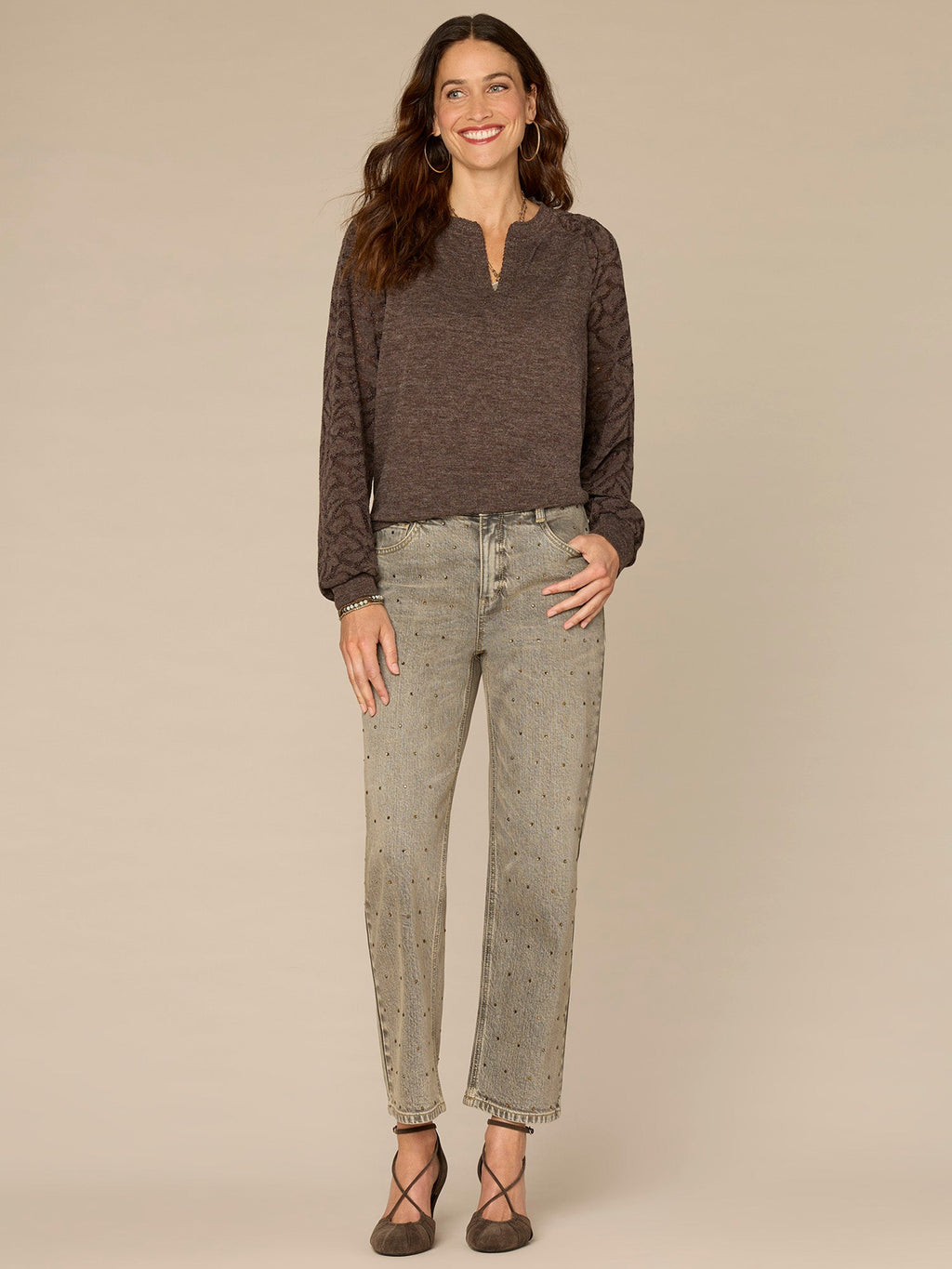 Long Blouson Sleeve Mandarin Collar Half Placket Mixed Media Knit Top