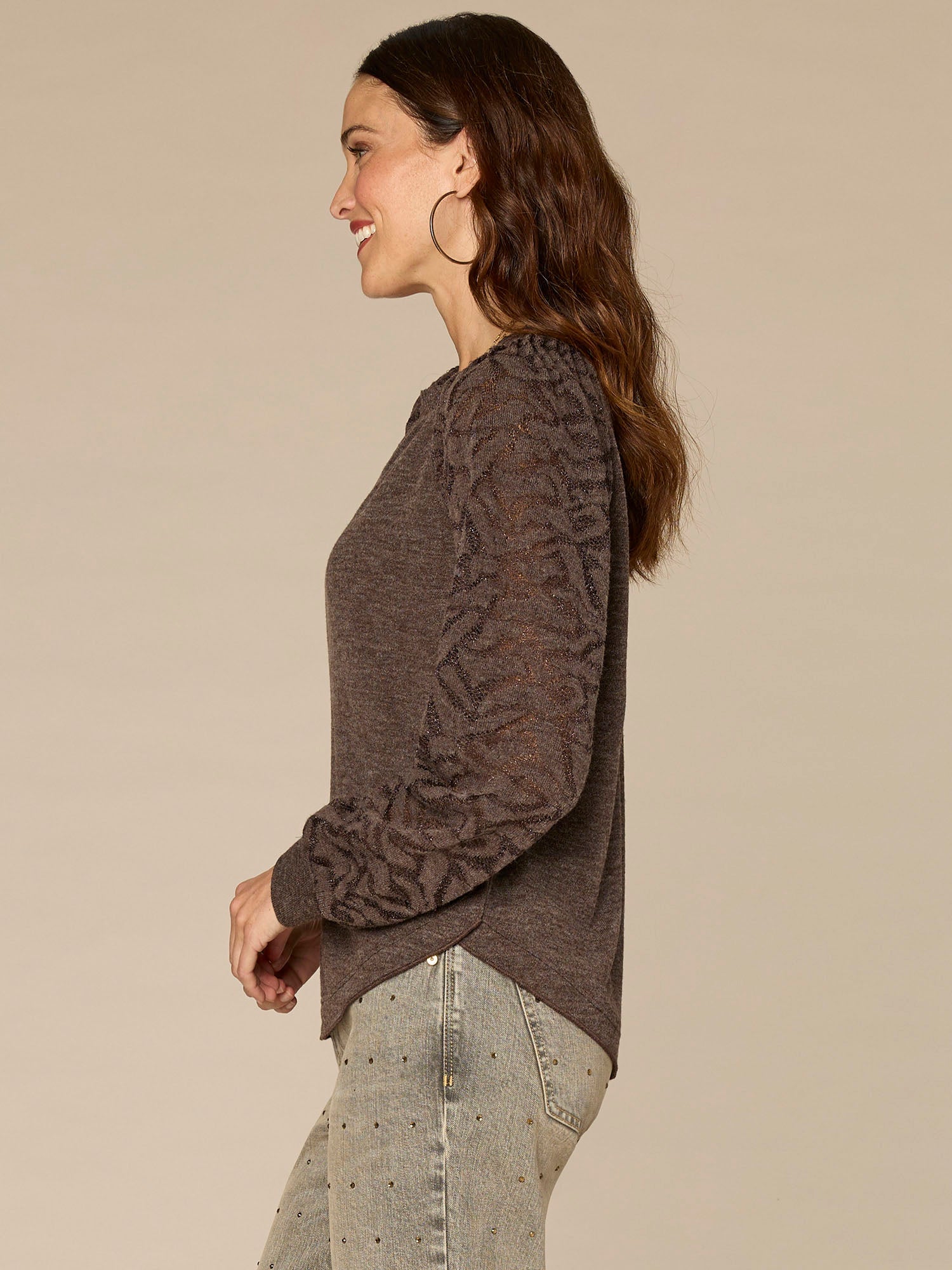 Long Blouson Sleeve Mandarin Collar Half Placket Mixed Media Knit Top