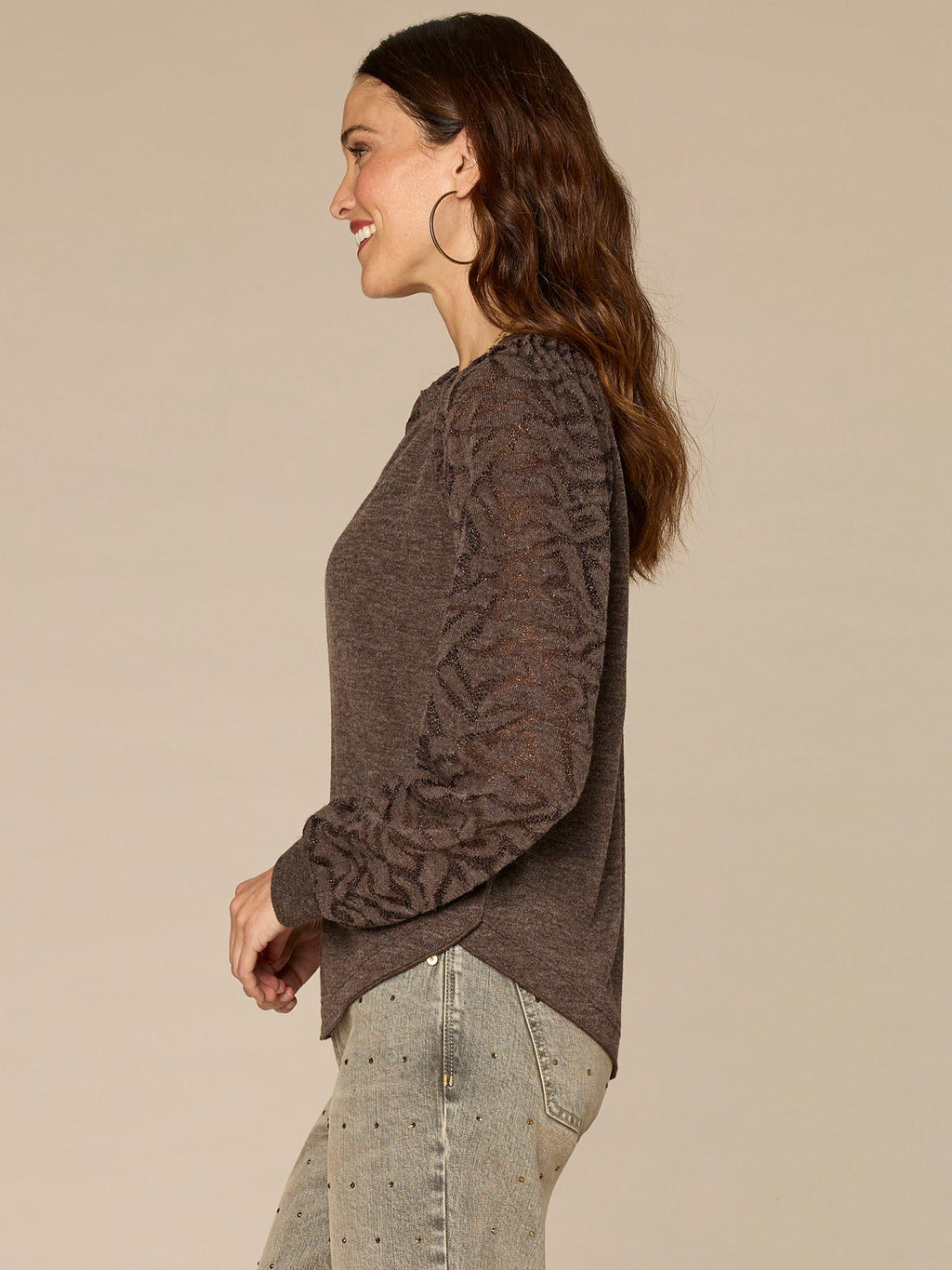 Long Sleeve Mandarin Collar Half Placket Mixed Media Petite Knit Top