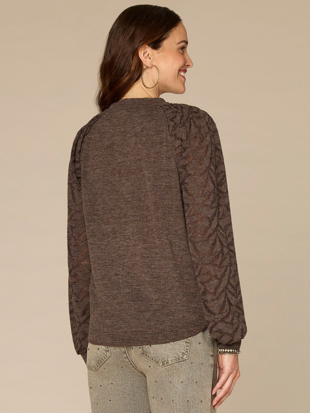 Long Sleeve Mandarin Collar Half Placket Mixed Media Petite Knit Top