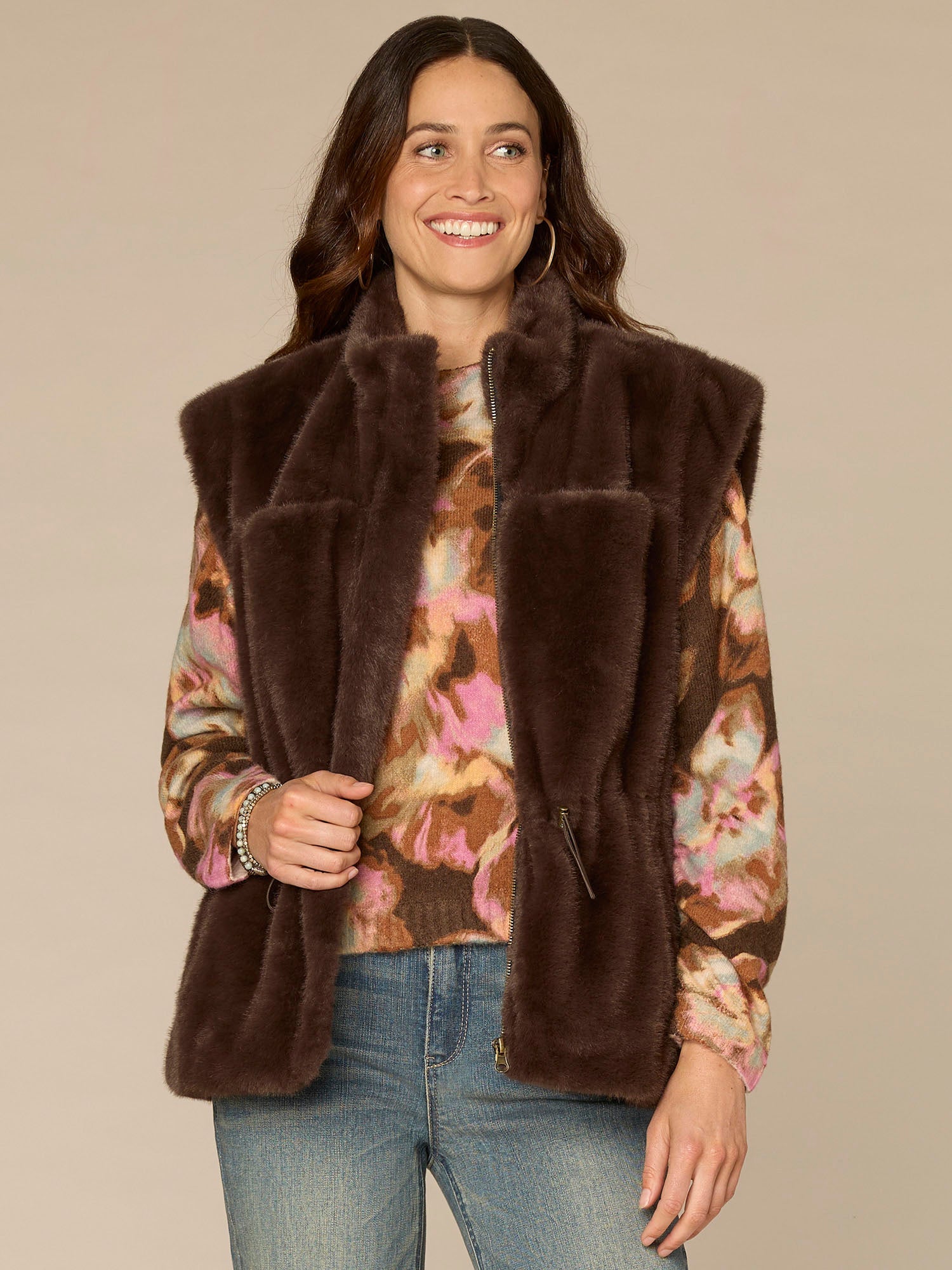 Cap Sleeve Funnel Neck Zip Front Woven Vest with Toggle Waist Ties