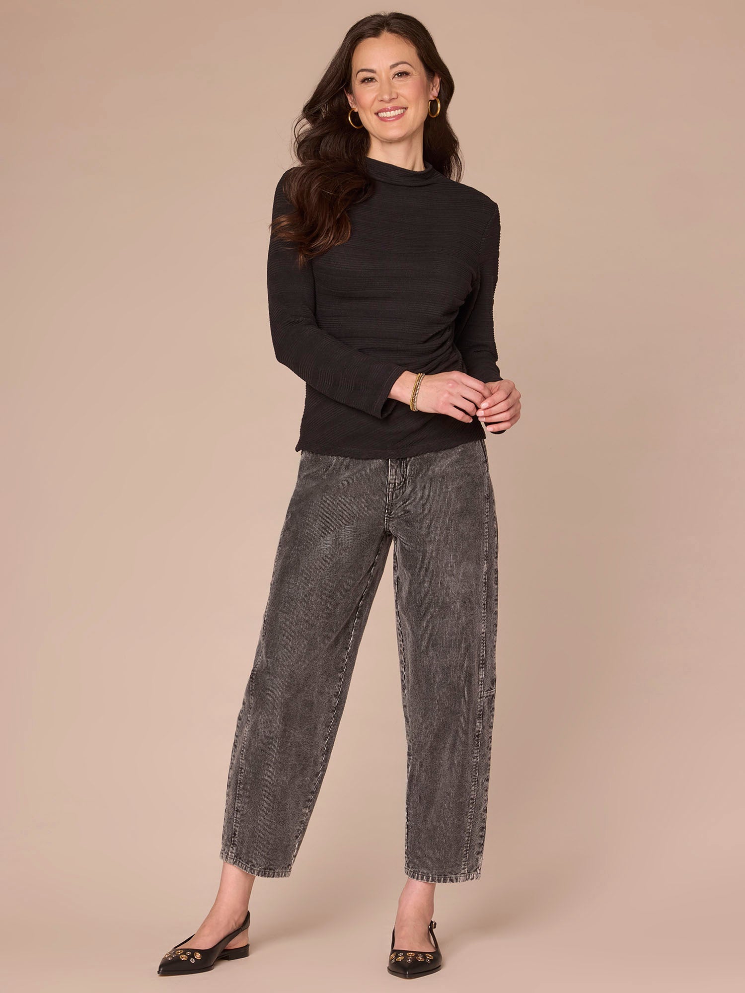 Long Sleeve Mock Neck Asymmetrical Side Ruching Petite Knit Top