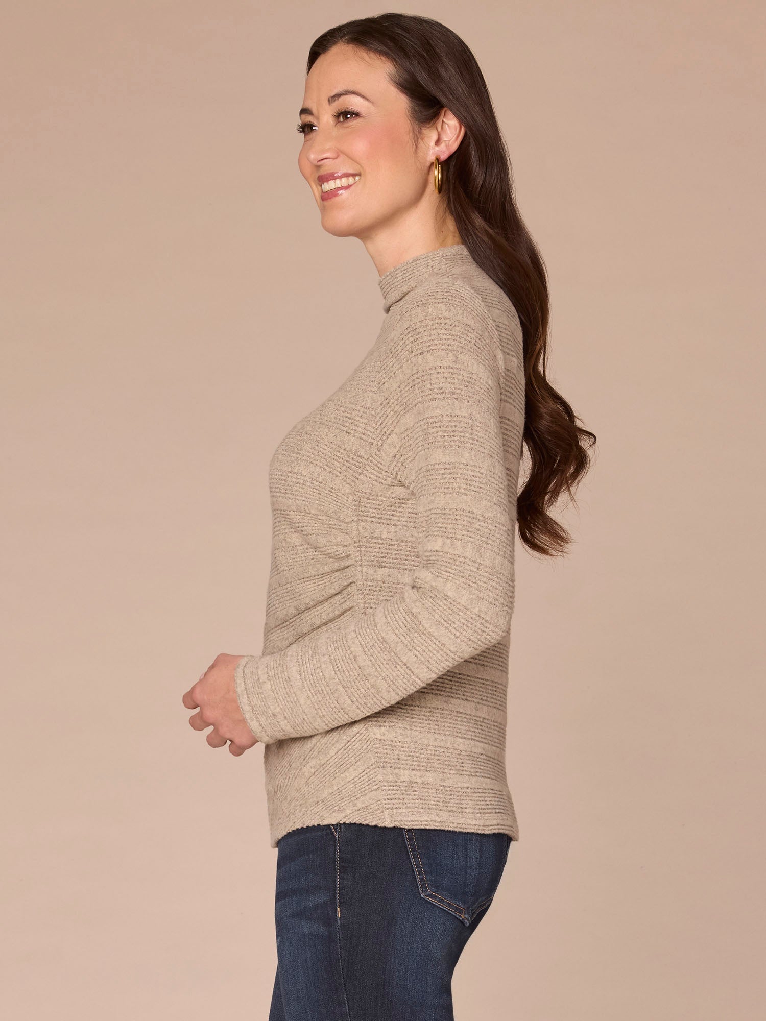 Long Sleeve Mock Neck Asymmetrical Side Ruching Petite Knit Top