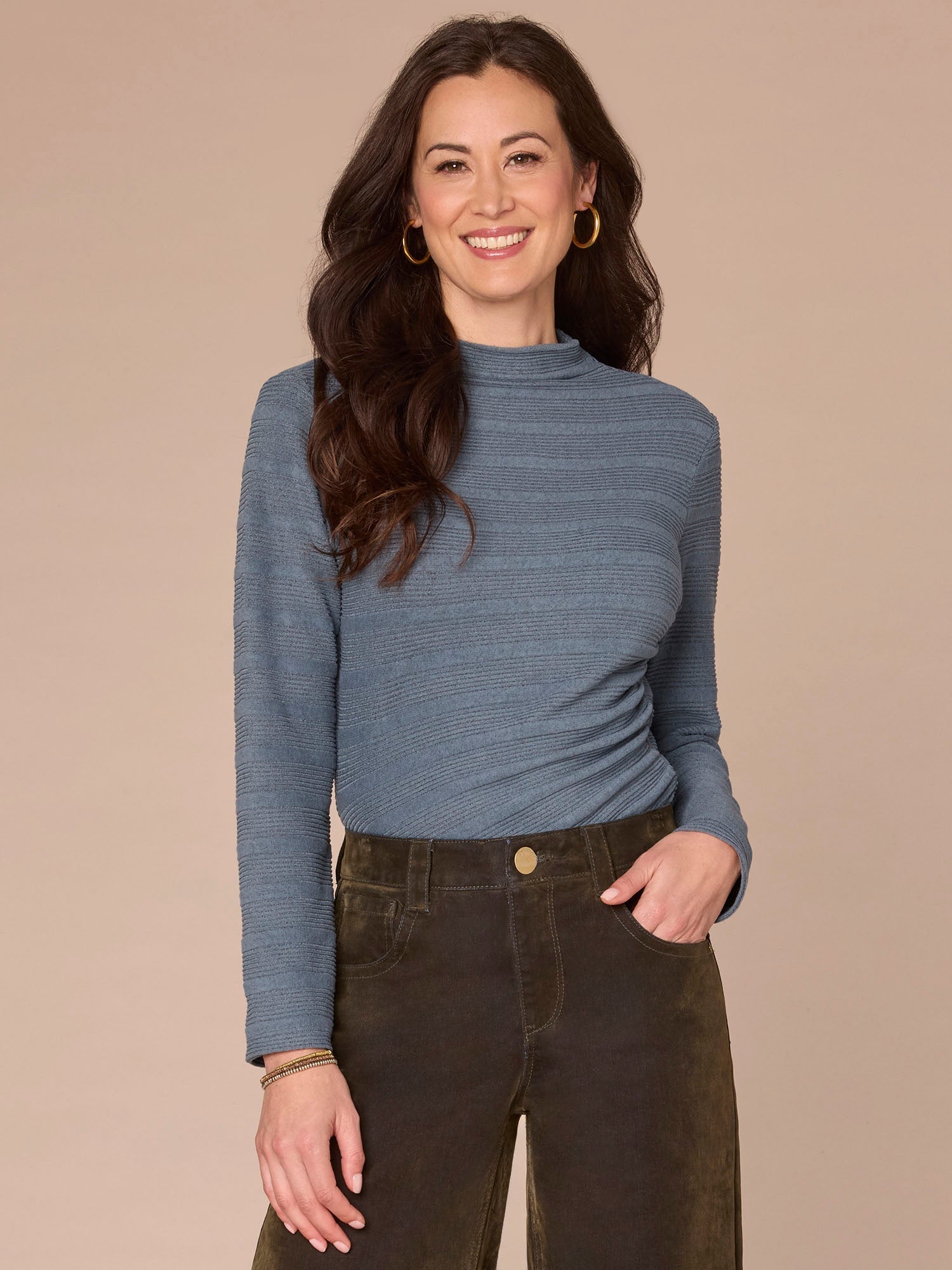 Long Sleeve Mock Neck Asymmetrical Side Ruching Knit Top