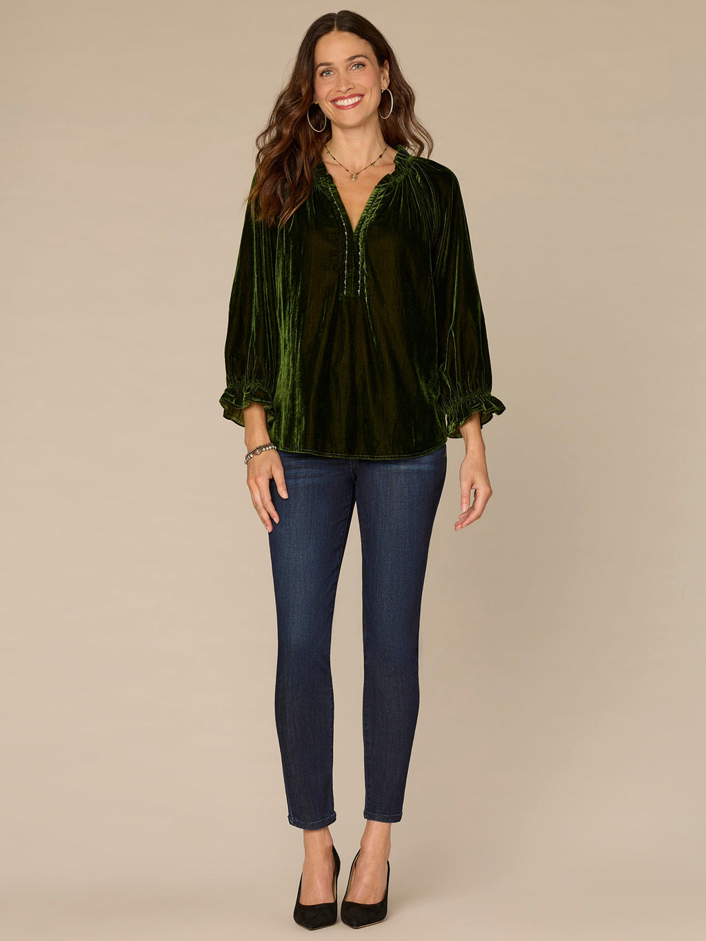 Three Quarter Blouson Sleeve V-Neck Embroidered Plus Size Woven Top