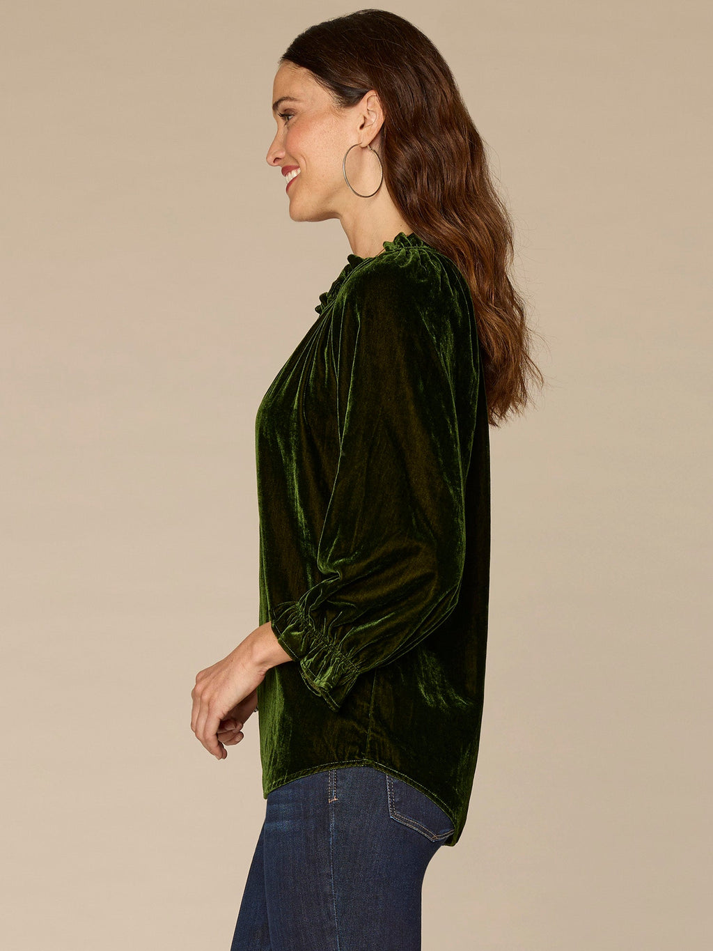 Three Quarter Blouson Sleeve V-Neck Embroidered Plus Size Woven Top