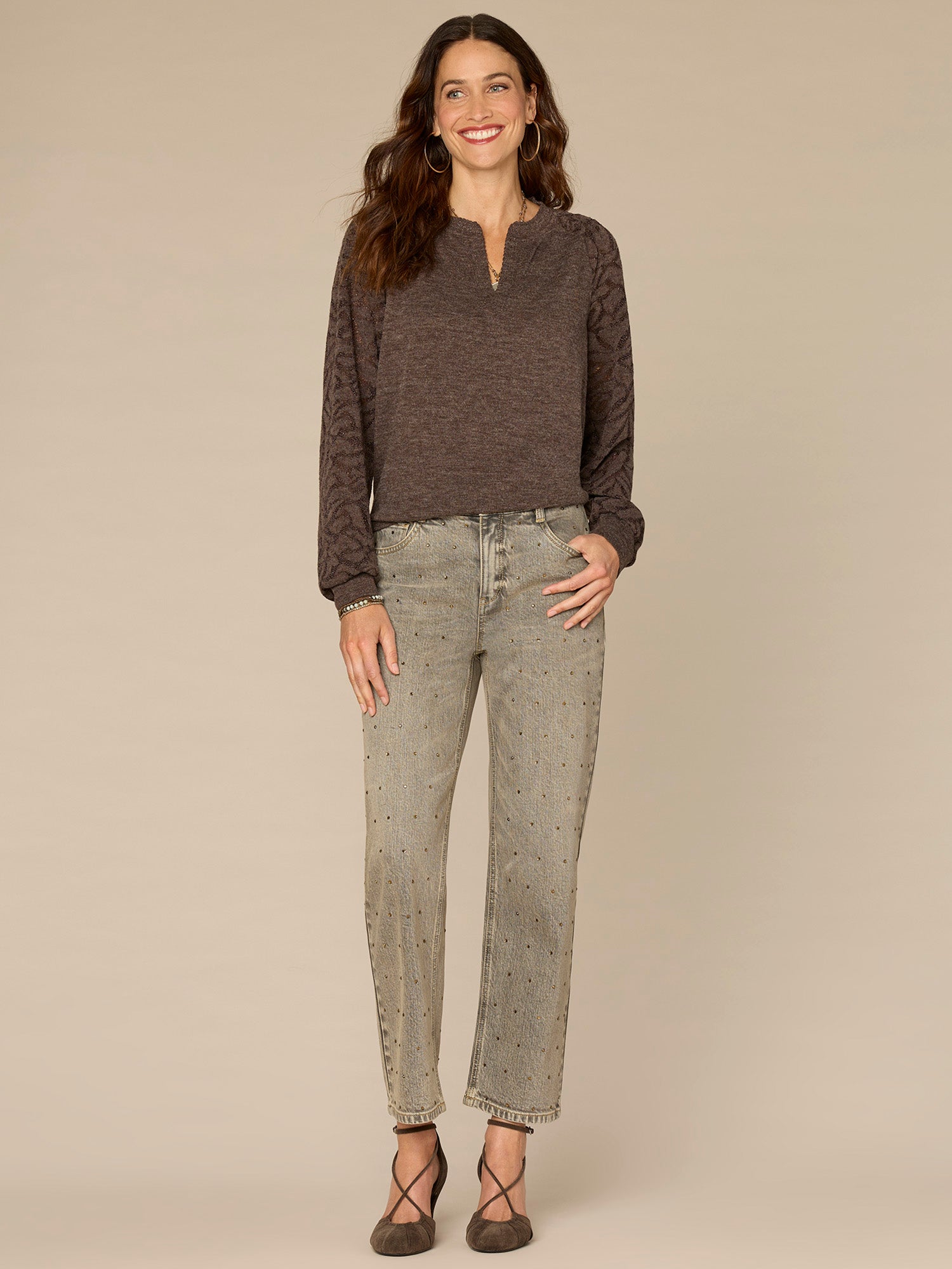 Long Blouson Sleeve Mandarin Collar Mixed Media Plus Size Knit Top