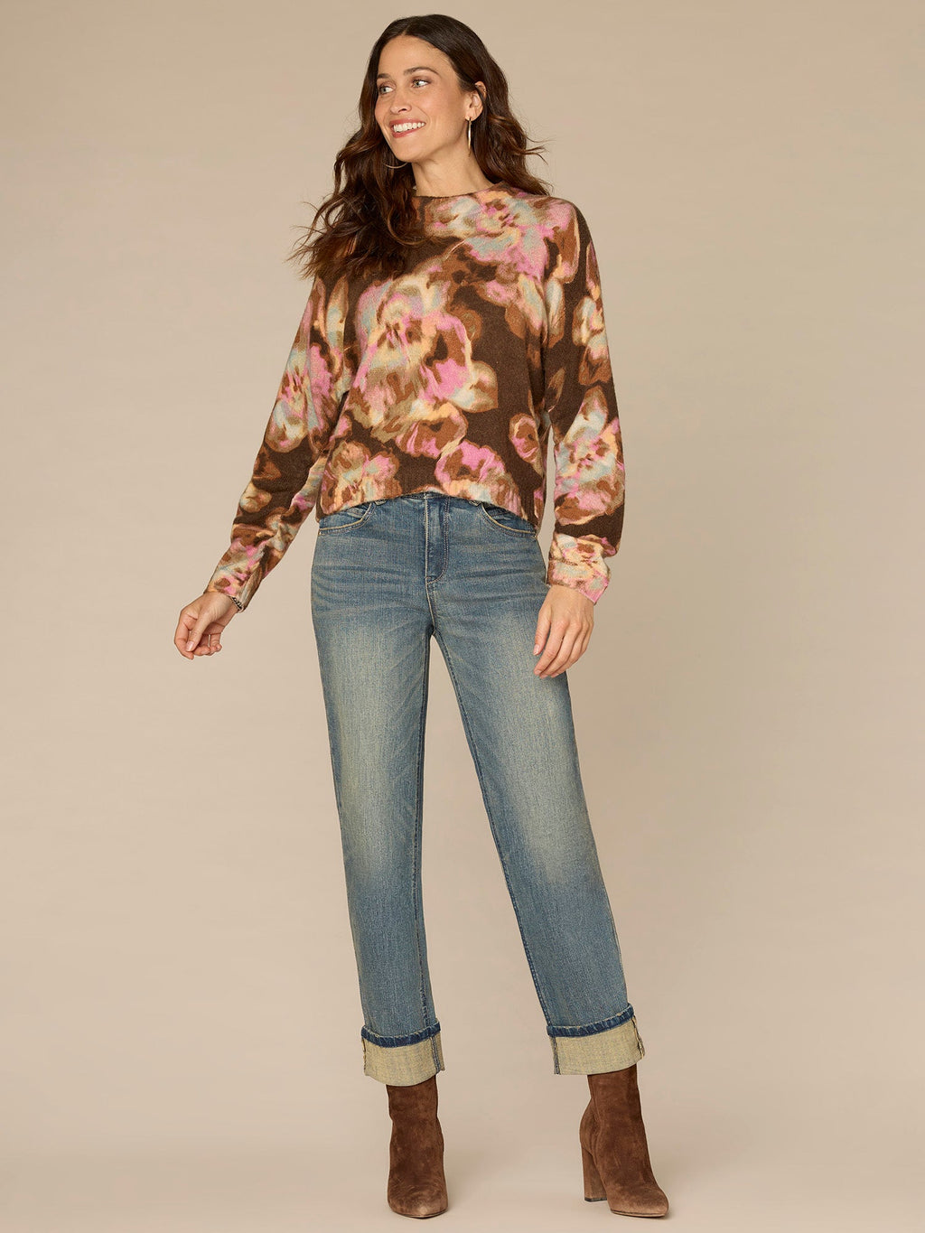 Long Ruched Sleeve Mock Neck Abstract Floral Print Plus Size Sweater