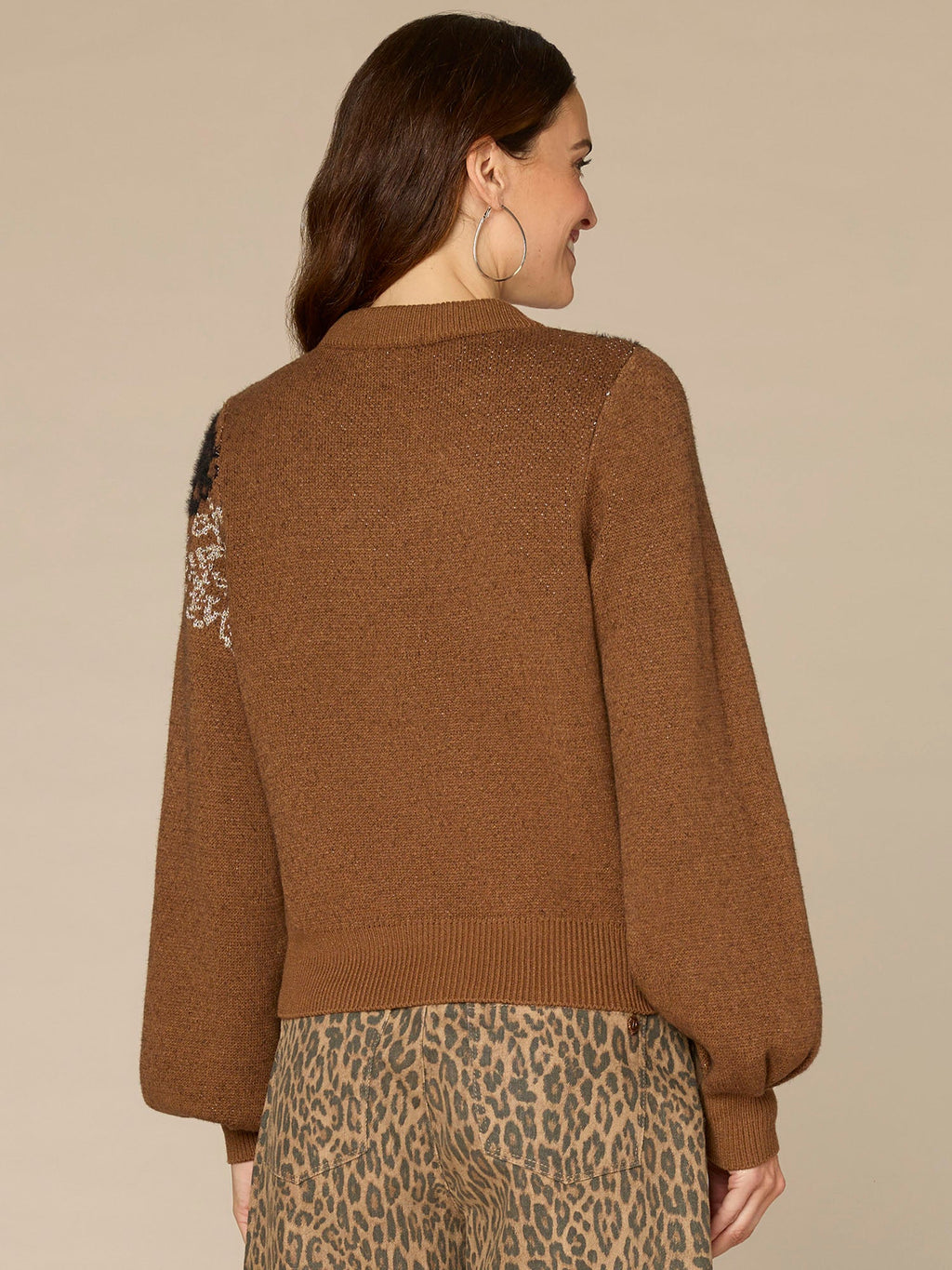 Long Blouson Sleeve Mock Neck Floral Plus Size Jacquard Sweater