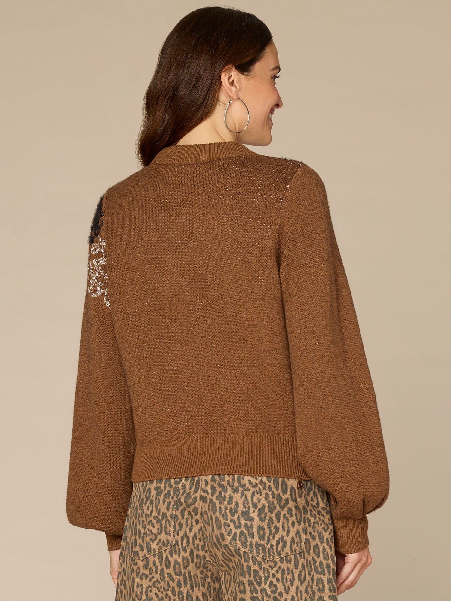 Long Blouson Sleeve Mock Neck Floral Plus Size Jacquard Sweater