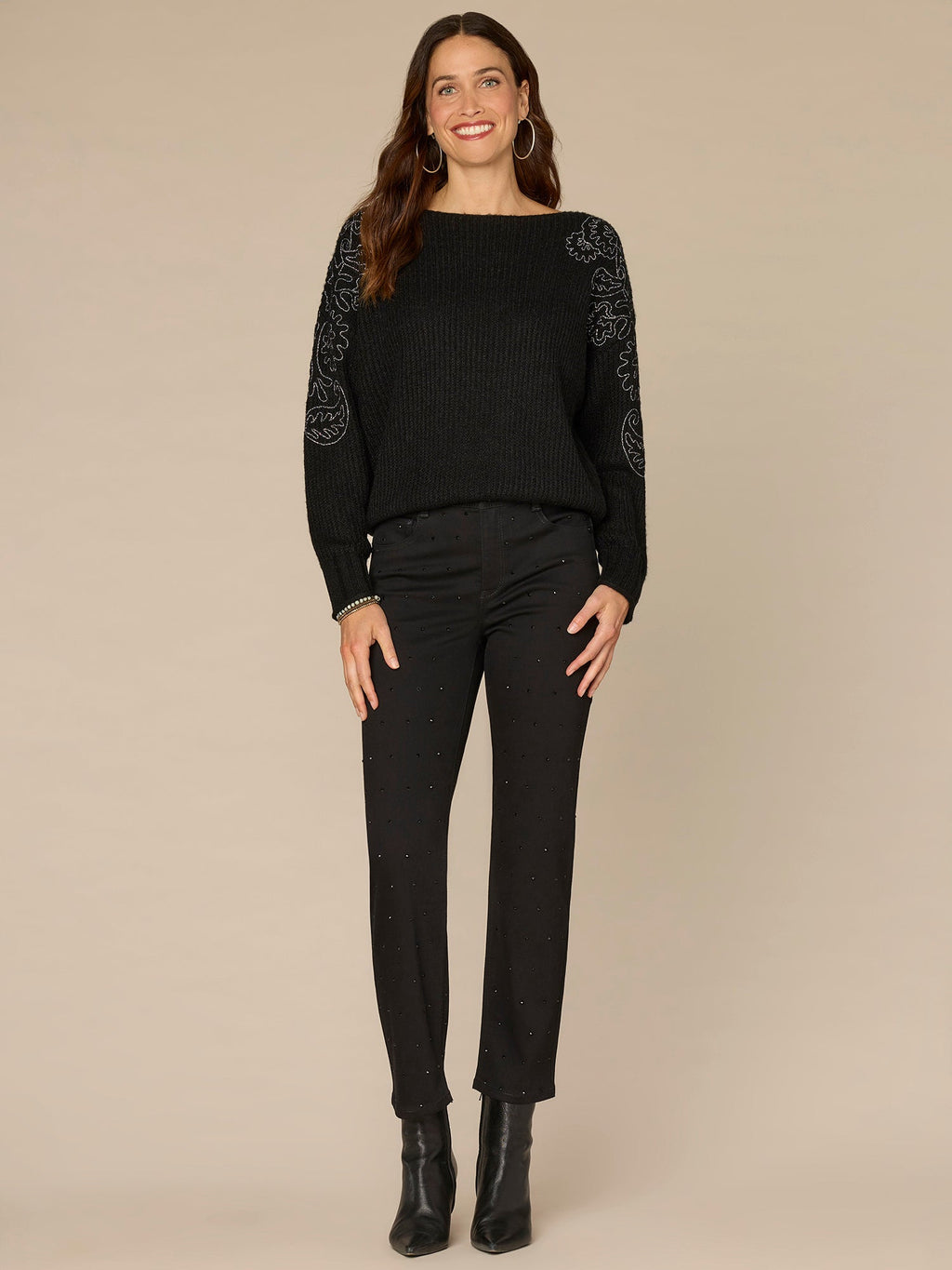 Long Sleeve Boat Neck Embroidered Shoulder Plus Size Pull Over Sweater